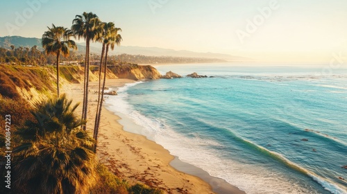 A peaceful morning along the Malibu coastline with gentle waves and swaying palm trees under a clear sky