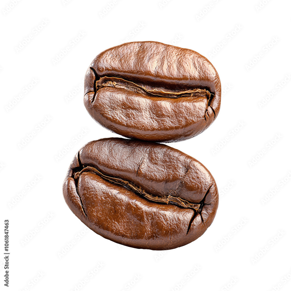 Pair of coffee beans with rich texture on transparent background, showcasing quality for coffee and beverage themes Pair of coffee beans with rich texture on transparent background, showcasing quality for coffee and beverage themes