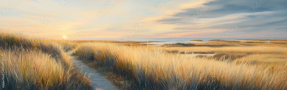 A tranquil evening at Bull salt marshes with golden grasses along the winding path leading to a serene horizon A tranquil evening at Bull salt marshes with golden grasses along the winding path leading to a serene horizon