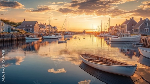A tranquil evening at Nantucket Harbor with boats resting peacefully as the sun sets over historic homes and calm waters