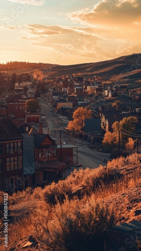 Fototapeta Naklejka Na Ścianę i Meble -  A tranquil sunset view of historic Virginia City showcasing its old buildings and winding streets in a picturesque autumn landscape