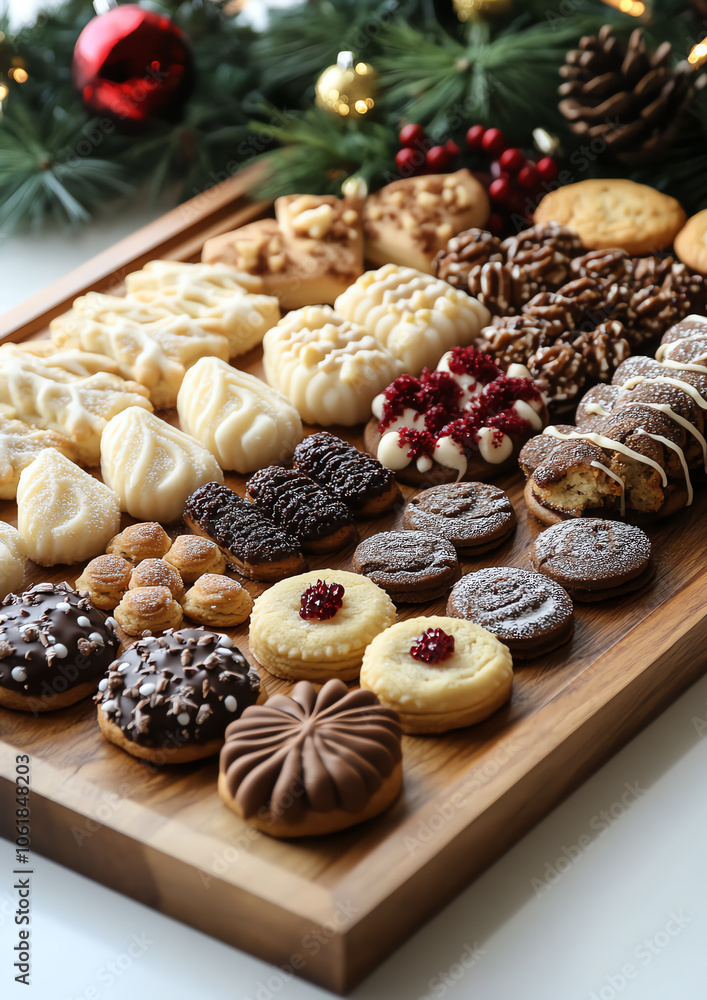 A delightful arrangement of assorted cookies on a wooden platter, perfect for festive celebrations. A delightful arrangement of assorted cookies on a wooden platter, perfect for festive celebrations.