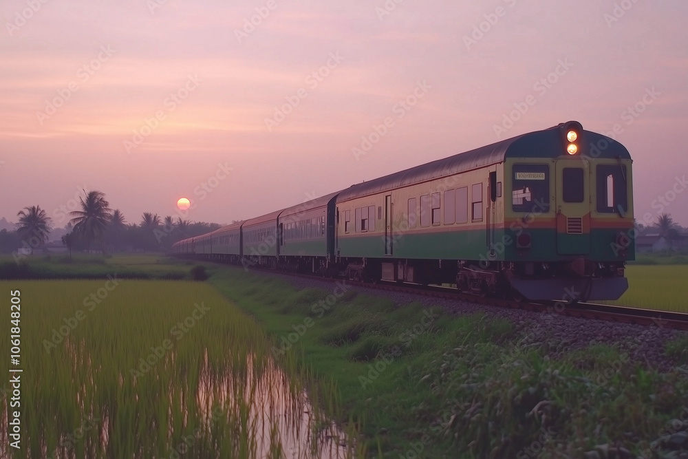 Electric passenger train drives at high speed among the paddy fields with copy space. Electric passenger train drives at high speed among the paddy fields with copy space.