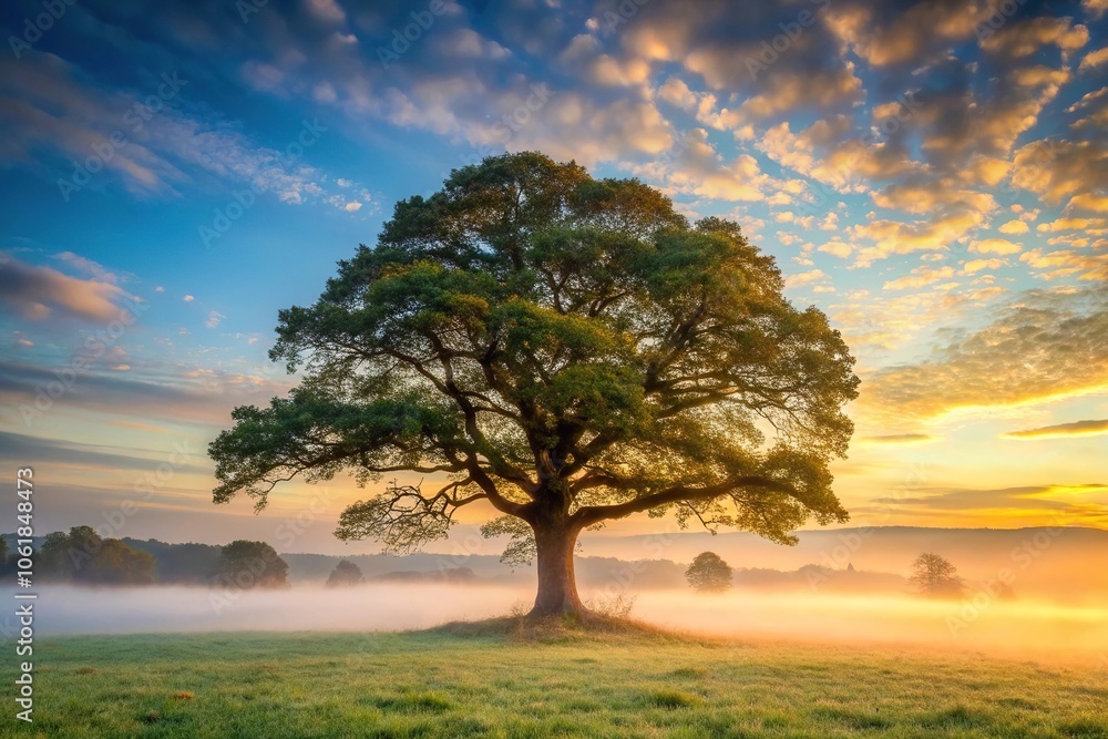 Obraz premium A majestic oak tree stands alone in a misty forest landscape at dawn, its gnarled branches stretching towards the sky, foliage, nature, autumn leaves, oak tree, misty morning