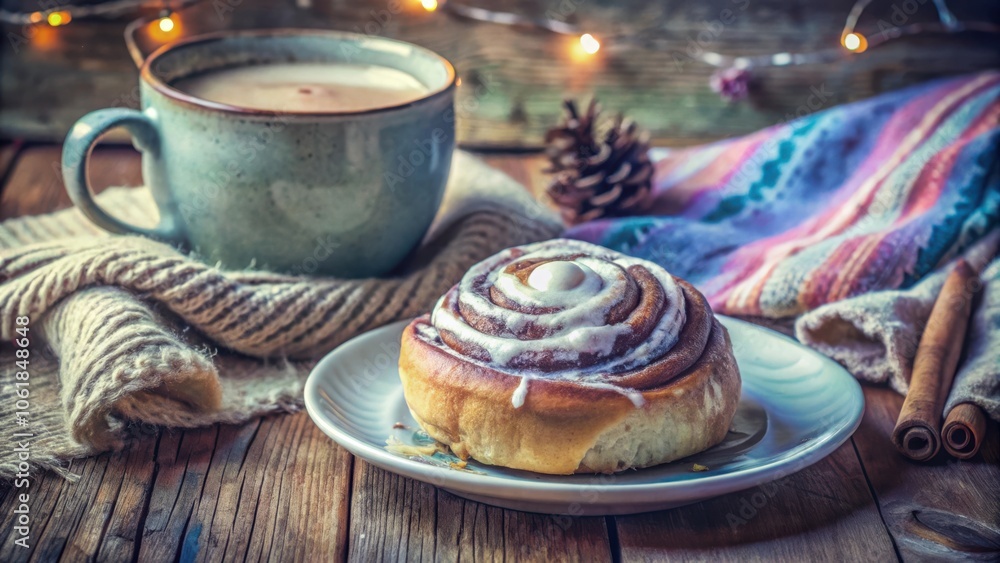 A warm cinnamon roll with a sweet icing sits on a white plate, invitingly placed next to a cup of hot cocoa, creating a cozy and inviting atmosphere. A warm cinnamon roll with a sweet icing sits on a white plate, invitingly placed next to a cup of hot cocoa, creating a cozy and inviting atmosphere.