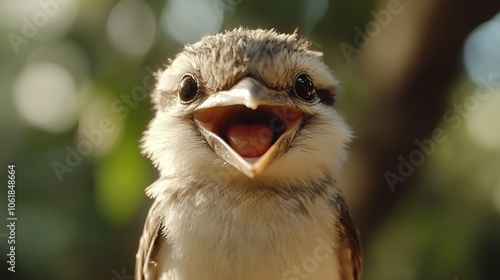 Close-up of a Kookaburra with its mouth open, showing its tongue and teeth. photo