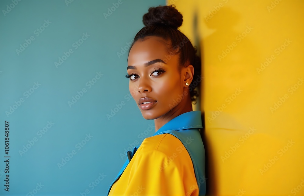 A close up fashionable European and American model stands confidently on a solid color background A close up fashionable European and American model stands confidently on a solid color background