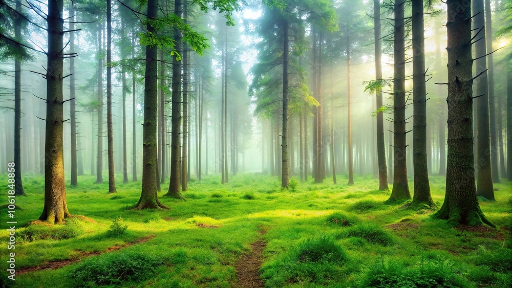 Obraz premium A misty forest landscape with tall trees and a carpet of green grass underfoot, foggy forest, green environments