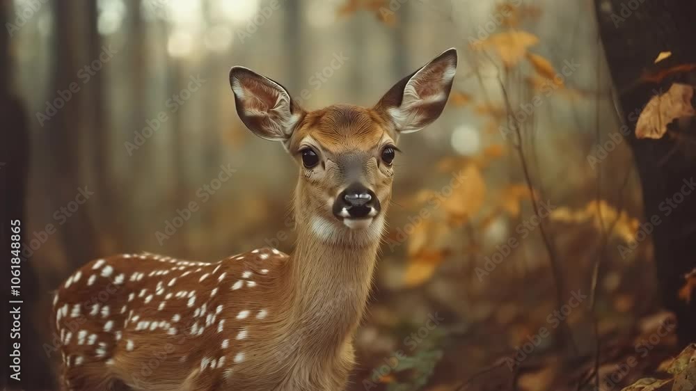 Young deer in autumn forest with golden leaves for wildlife content. Forest dweller portrait. Visual material for nature projects Young deer in autumn forest with golden leaves for wildlife content. Forest dweller portrait. Visual material for nature projects