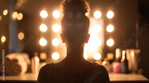 Obraz na płótnie A silhouette of a person in front of bright makeup lights, with a soft focus on the scene, evoking a sense of anticipation and beauty. w salonie