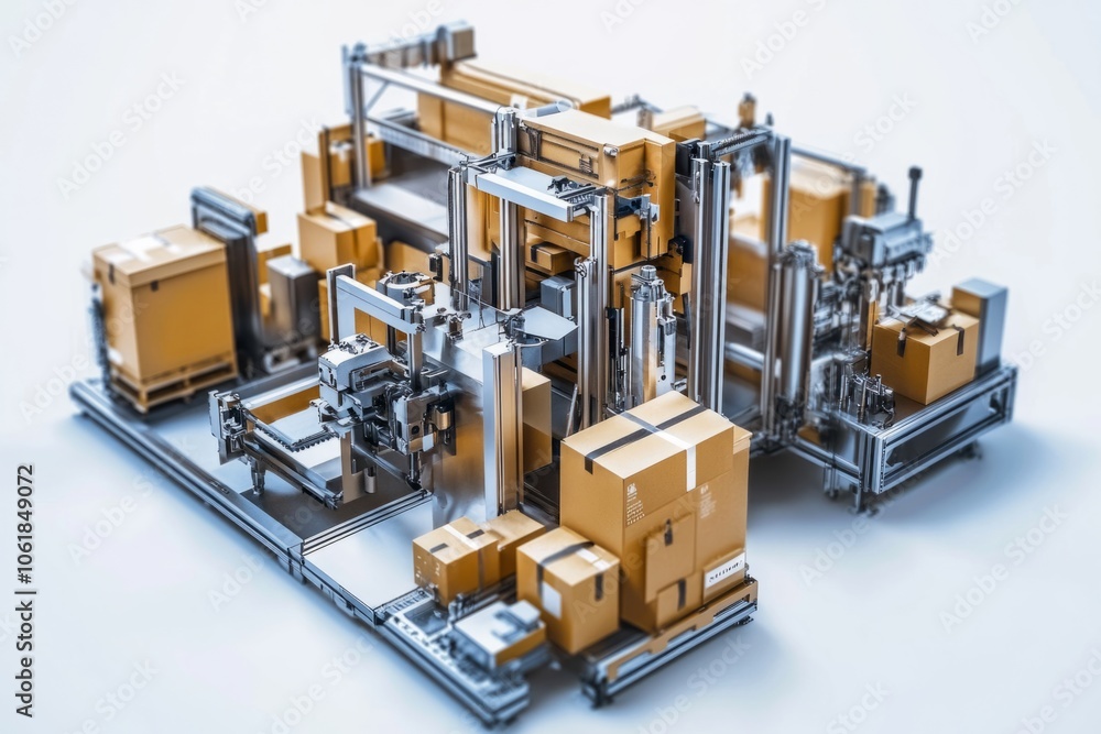 Fototapeta premium Modern automation system for packaging. This image shows an intricate setup of machines and boxes. It highlights efficiency in logistics and warehouse operations. Generative AI