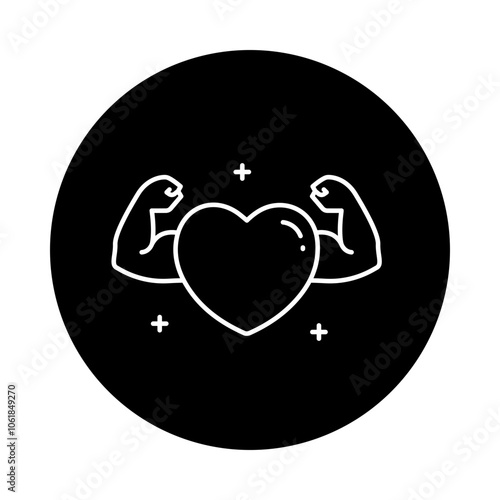 Heart Health Icon – A Strong Heart Shape with Flexed Arms Representing Cardiovascular Strength – For Dark Backgrounds