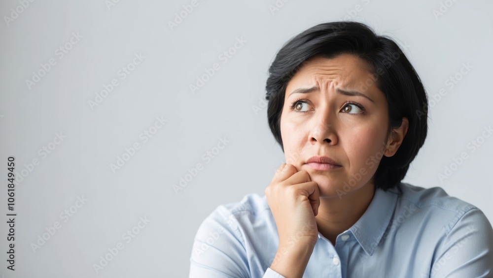A woman deep in thought looks uncertain, pondering over her decisions in a minimalist setting A woman deep in thought looks uncertain, pondering over her decisions in a minimalist setting