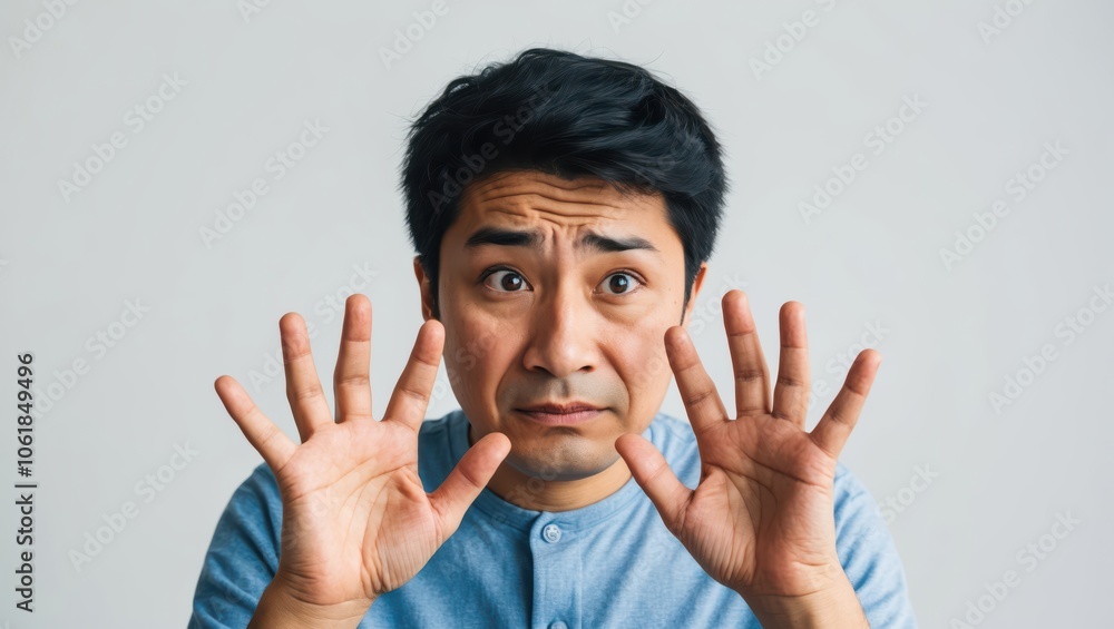 A surprised man expressing fear and concern with his hands raised in a neutral setting during daylight A surprised man expressing fear and concern with his hands raised in a neutral setting during daylight