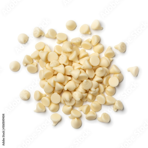 Heap of white chocolate chips close up isolated on white background