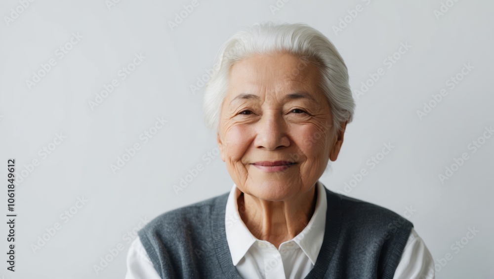 Portrait of a smiling elderly woman with gray hair wearing a sweater, indoors against a light background, radiating warmth and wisdom Portrait of a smiling elderly woman with gray hair wearing a sweater, indoors against a light background, radiating warmth and wisdom