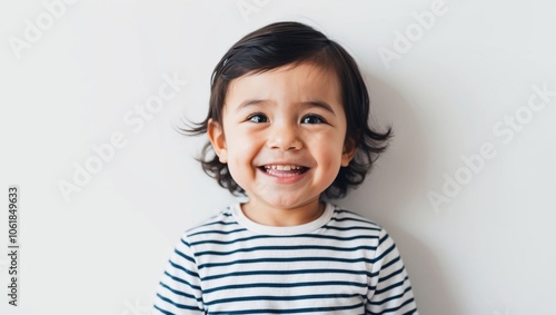 Happy toddler with curly hair smiling widely against a plain background, showcasing joy and innocence