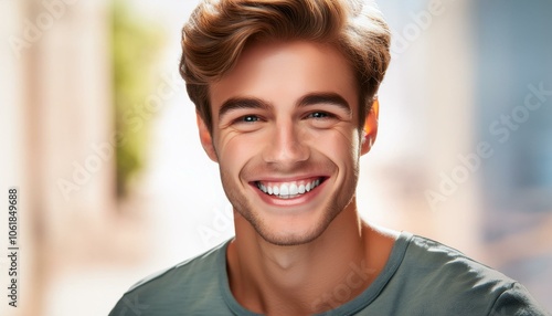 A young man beautiful smile, white shining teeth, oral health, dental hygiene