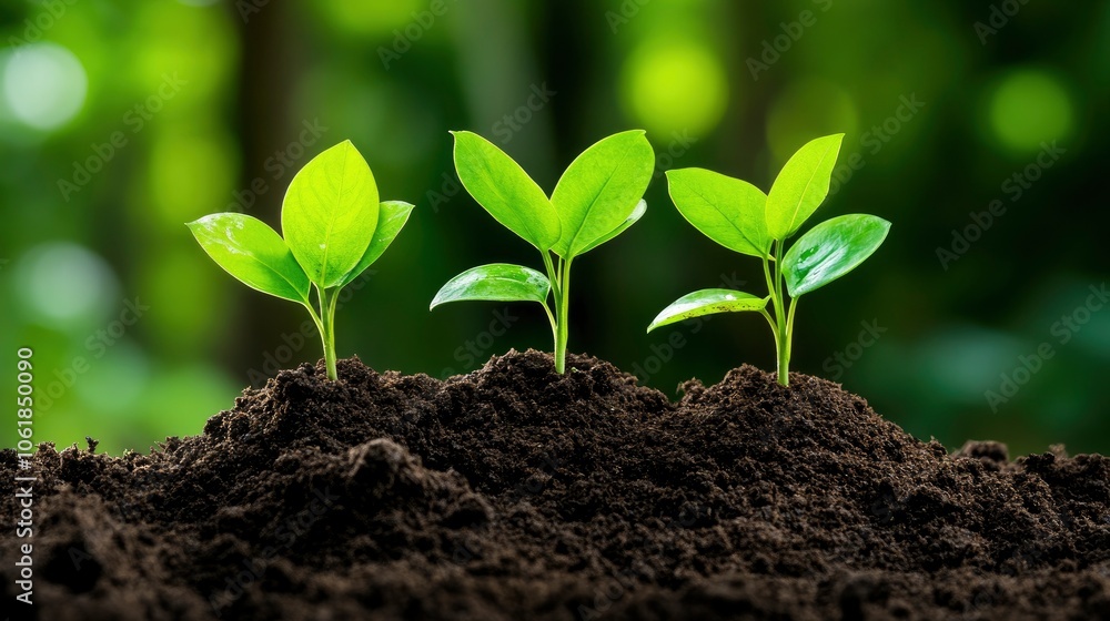 Naklejka premium Three Young Saplings Growing in Soil