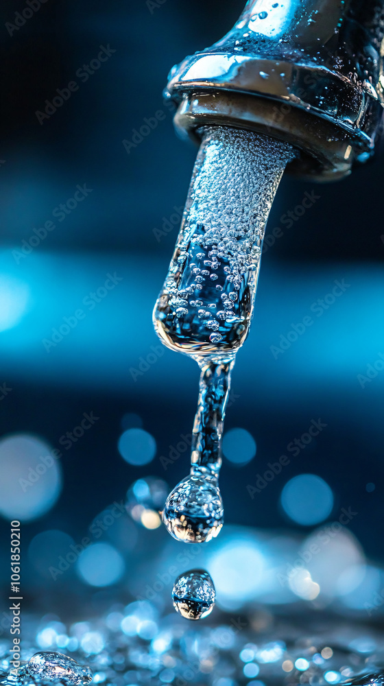 Water flowing from a chrome faucet, forming large droplets as it descends Water flowing from a chrome faucet, forming large droplets as it descends