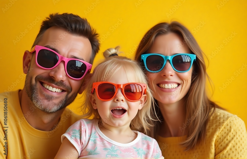 A joyful family photo of parents and their daughter wearing vibrant sunglasses, facing the camera with cheerful expressions against a yellow backdrop A joyful family photo of parents and their daughter wearing vibrant sunglasses, facing the camera with cheerful expressions against a yellow backdrop