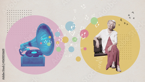 Art collage or design - elderly woman sitting and listening to music