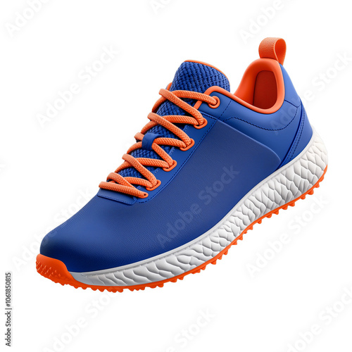 Blue athletic running shoe with orange laces on transparent background, focusing on sport and footwear design photo