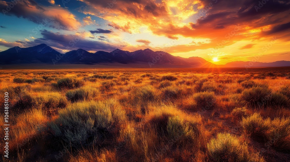 A stunning sunset over rolling plains and distant mountains in the golden hour from a serene landscape vista A stunning sunset over rolling plains and distant mountains in the golden hour from a serene landscape vista