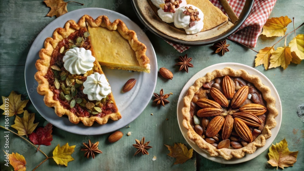 A Festive Spread of Pumpkin, Pecan, and Whipped Cream Pies with Autumnal Accents A Festive Spread of Pumpkin, Pecan, and Whipped Cream Pies with Autumnal Accents