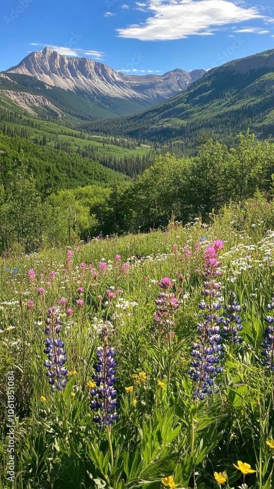 A breathtaking view of vibrant wildflowers blooming in a lush valley with majestic mountains under a clear blue sky A breathtaking view of vibrant wildflowers blooming in a lush valley with majestic mountains under a clear blue sky