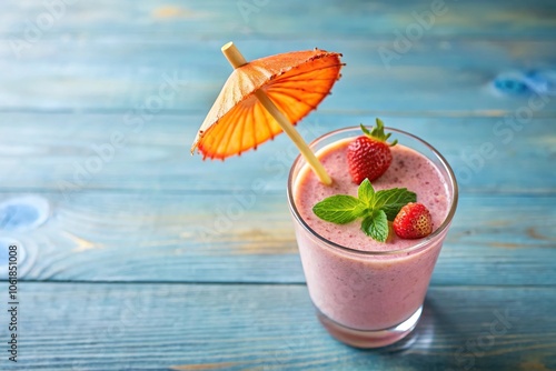 A paper-thin drink umbrella floating gently on top of a fruity smoothie, smoothie, fruit photo