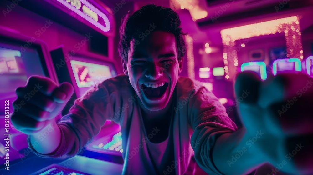 A man is currently playing a video game in a bustling arcade A man is currently playing a video game in a bustling arcade