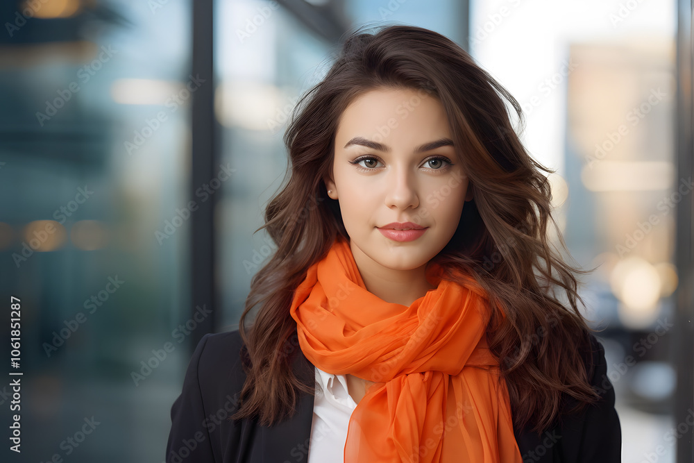 A woman wearing an orange scarf and a black jacket A woman wearing an orange scarf and a black jacket