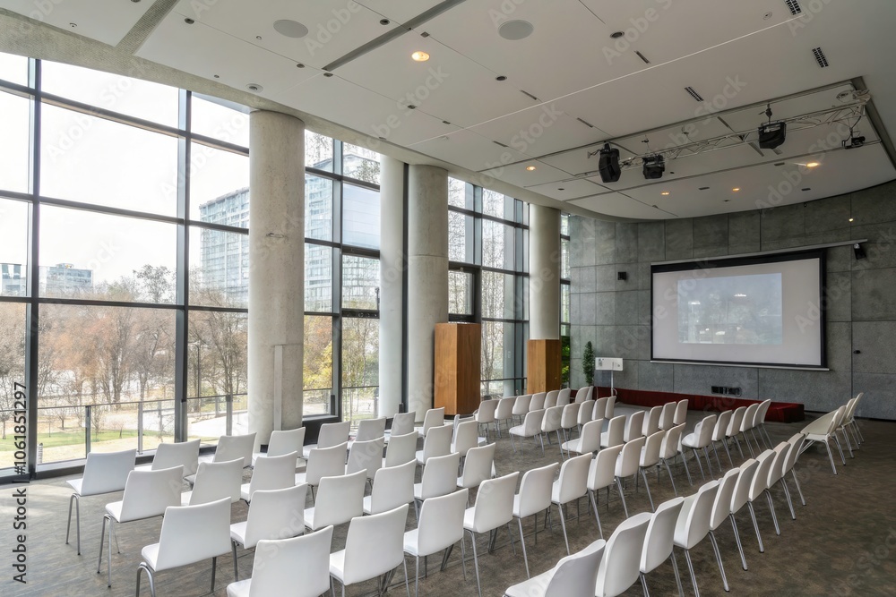 Fototapeta premium Modern Seminar Room for Business Events with Large White Chairs, Big Screen, Grey Walls, and Spacious Windows - Perfect for Corporate Meetings and Conferences