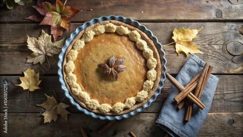 A freshly baked pumpkin pie with a star anise garnish, surrounded by autumn leaves and cinnamon sticks on a rustic wooden table.