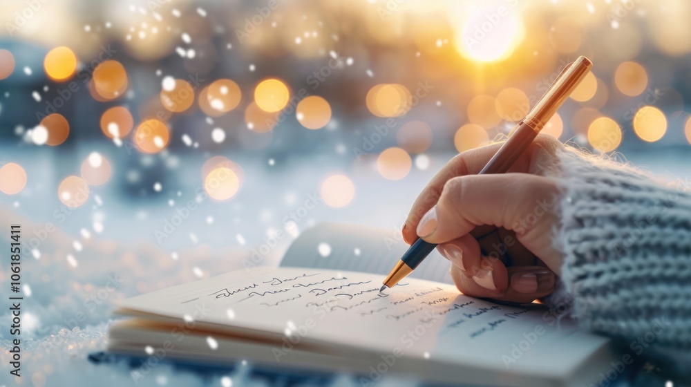 A cozy winter scene of a person writing in a notebook, surrounded by snow and sparkling lights, creating a warm, reflective atmosphere.