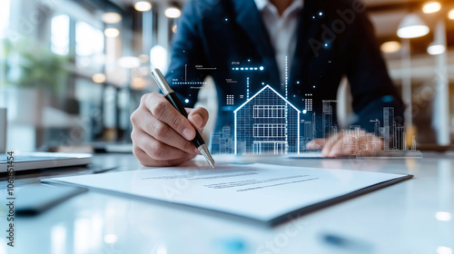 secure professional workspace showcasing person signing documents with digital house overlay, symbolizing real estate transactions and modern technology