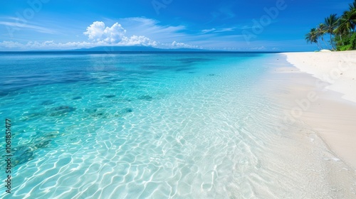 A serene tropical beach scene showcasing clear turquoise waters, soft white sand, and a vibrant blue sky filled with fluffy clouds.