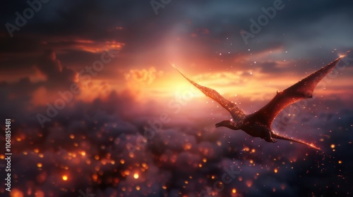 A majestic bird soars through a fiery sunset, illuminated by glowing embers against a dramatic sky.