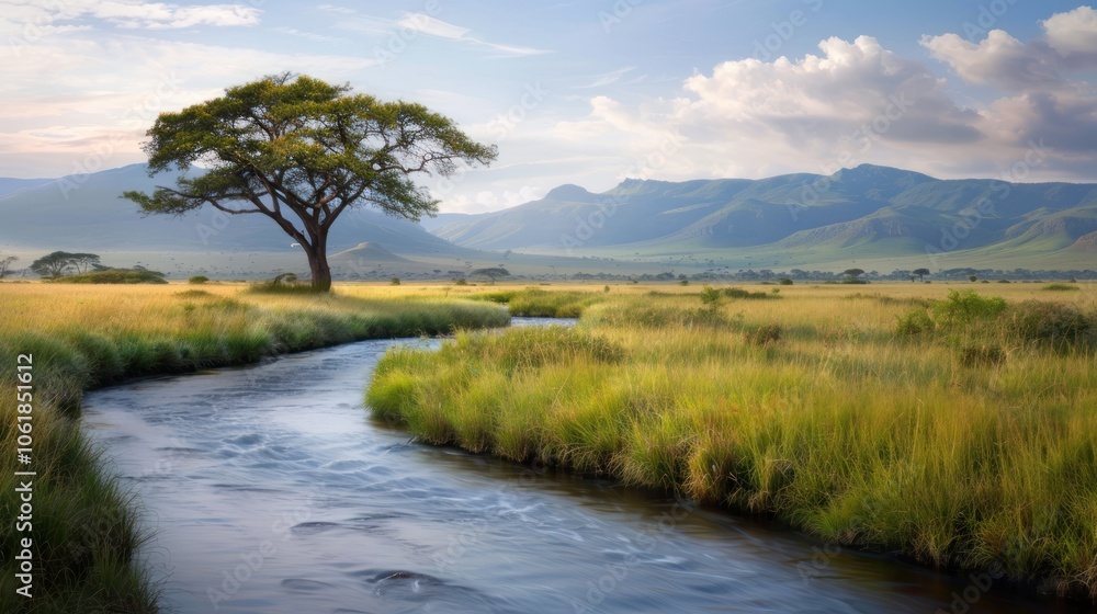A serene landscape featuring a winding river, a solitary tree, and rolling hills under a blue sky with fluffy clouds. A serene landscape featuring a winding river, a solitary tree, and rolling hills under a blue sky with fluffy clouds.