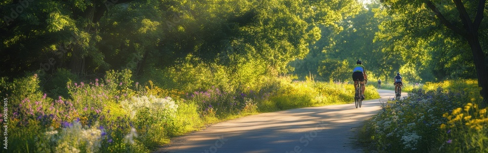 Bikers enjoy a serene ride along the scenic Katy Trail surrounded by lush greenery and vibrant wildflowers in the golden light of late afternoon Bikers enjoy a serene ride along the scenic Katy Trail surrounded by lush greenery and vibrant wildflowers in the golden light of late afternoon