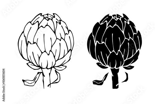 Line sketch, stamp, artichoke vegetable silhouette. Vector graphics.