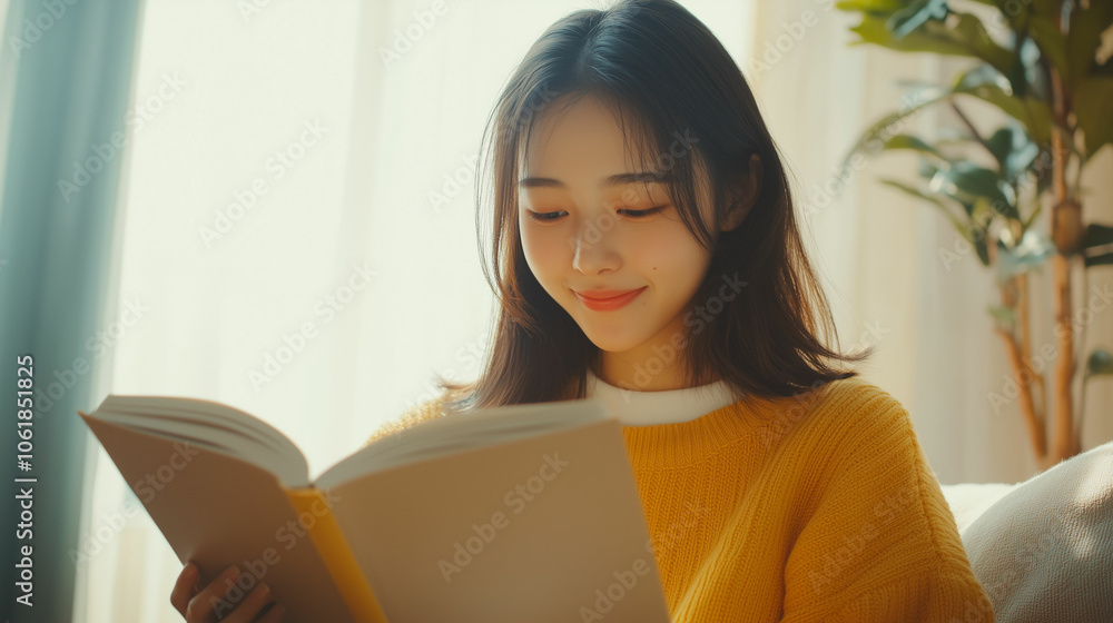 Cheerful young Asian woman enjoying a novel while relaxing at home in a cozy setting during daylight hours Cheerful young Asian woman enjoying a novel while relaxing at home in a cozy setting during daylight hours