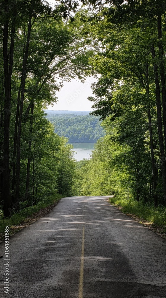 Naklejka premium A serene drive through lush green trees overlooking a tranquil lake on a sunny day