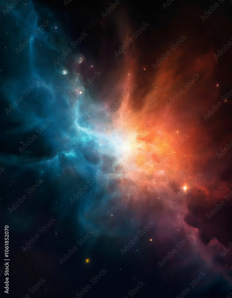 Naklejka premium An ethereal nebula illuminated by the light of distant stars, creating a stunning cosmic landscape filled with vibrant colors and celestial beauty.