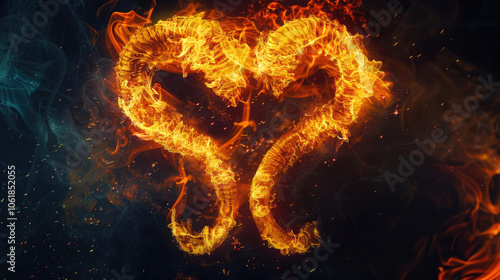 Aries sign astrological sign with large rounded horns, fiery orange color with flames, on a black background, copy space photo