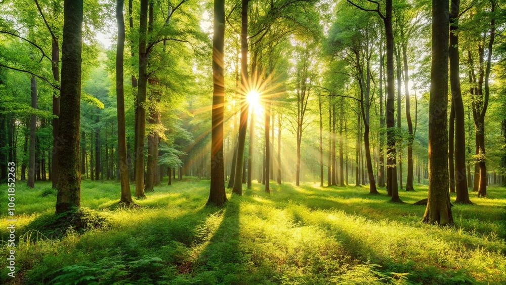 Fototapeta premium A serene forest glade with tall trees and a bright sun shining through the leaves, foliage, shade