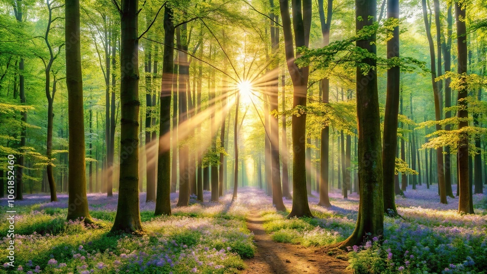 Obraz premium A serene forest scene with trees in full bloom and sunlight filtering through the leaves, spring, natural landscape