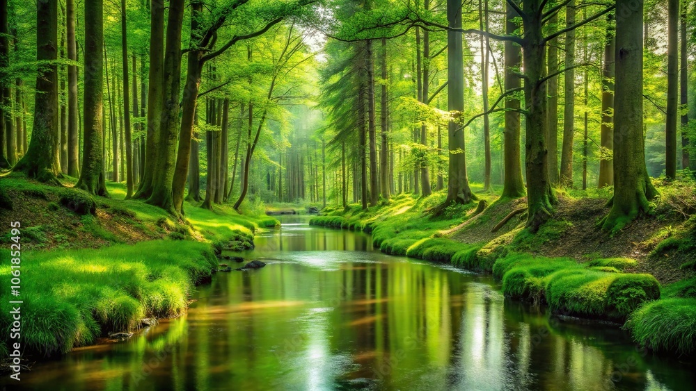 Fototapeta premium A serene green forest with tall trees and a meandering stream flowing through it, calming atmosphere, trees, outdoors, green forest, wilderness