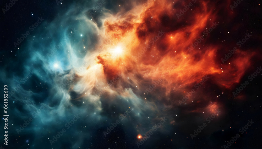 Naklejka premium An ethereal nebula illuminated by the light of distant stars, creating a stunning cosmic landscape filled with vibrant colors and celestial beauty.